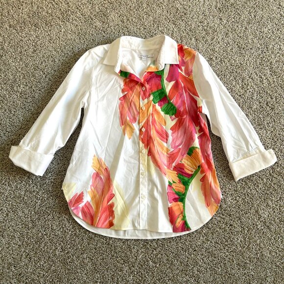 Chicos Womens Sz 6 Button Down Shirt White Floral Leaf Print Cotton Blend - Picture 2 of 11